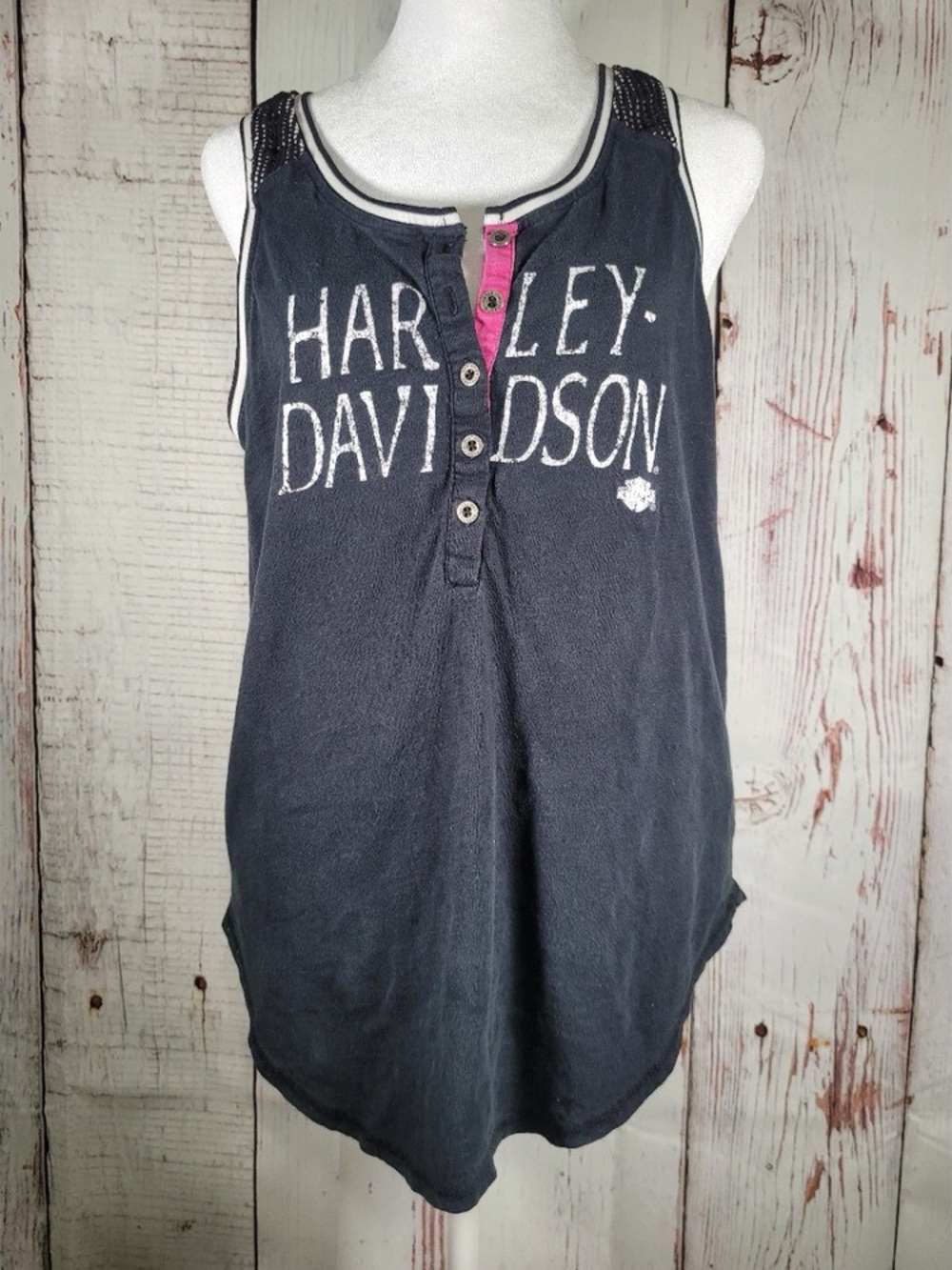 Harley-Davidson Black Tank with Pink Placket and White Logo